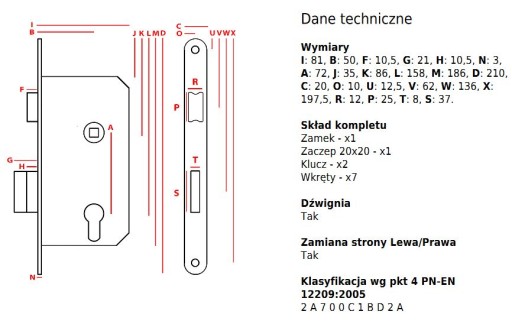 JANIA ZAKLAPOVACÍ ZÁMOK 72/50 NA DVERE, BEŽNÝ KĽÚČ