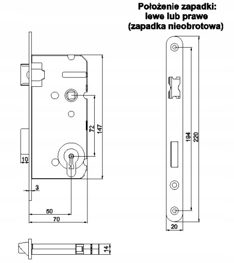 Priemyselný zámok 72/50 pre cylindrickú vložku Z7B LOB, ĽAVÝ