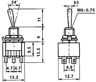 MTS 203 Prepínač 3A 250V 3P 6pin