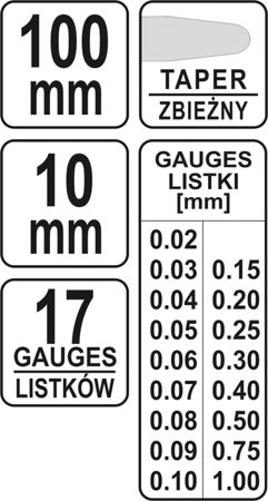 YATO FEELER GAUGE 100 mm 17 ČEPEĽOV YT-7220