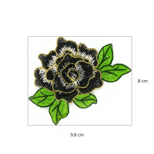 Nášivka ruže FLOWER BLACK so zlatým lemom
