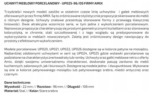 PORCELÁNOVÁ STRIEBORNÁ NÁBYTKOVÁ ÚCHYTKA 96 MM UP025 AMIX
