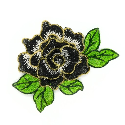 Nášivka ruže FLOWER BLACK so zlatým lemom