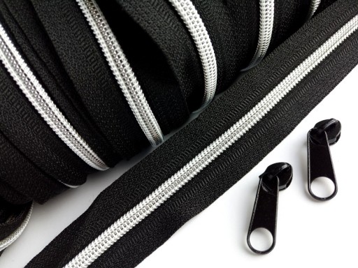 Špirálový zips 5 mm zips ČIERNO STRIEBORNÝ 1 meter + 2 zipsy