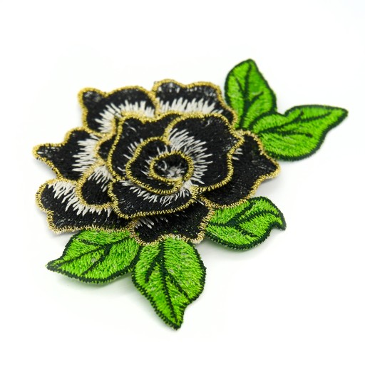 Nášivka ruže FLOWER BLACK so zlatým lemom