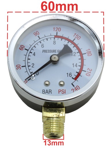 60 mm axiálny manometer pre kompresor kompresor 1/4 palca 16 bar priemer 60 mm