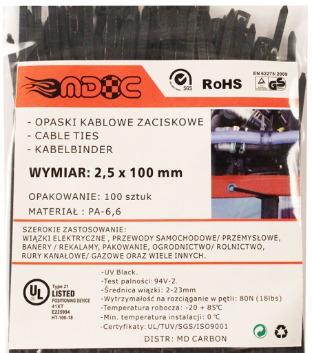 MDC sťahovacie pásky, plastové, ČIERNA, 100x2,5