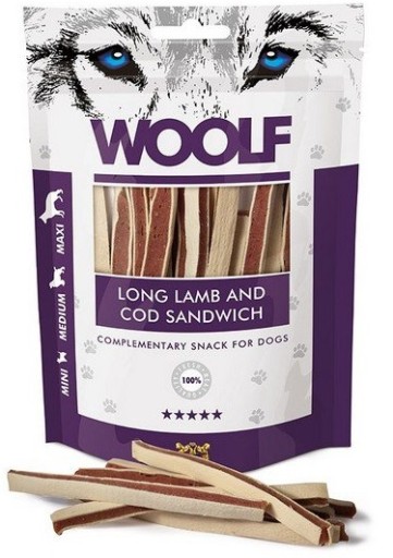 Sendvičový sendvič pre psov Woolf Long Lamb And Cod 100g