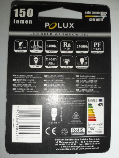 G9 LED žiarovka 2W 150LM, studená biela, 230V
