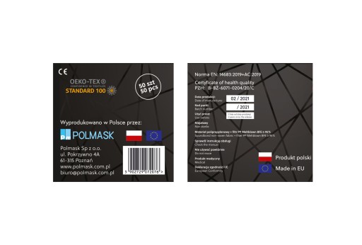 POĽSKÉ MASKY 50x CERTIFIKÁT ZDRAVOTNEJ MASKY TYP IIR Čierna