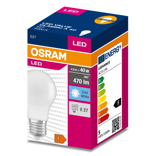 E27 LED žiarovka 4,9/40W 470lm 200° 4000K neutrálna biela HODNOTA OSRAM