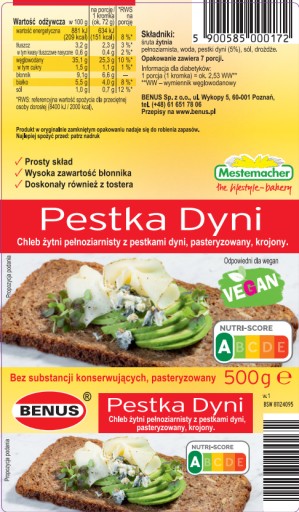 Benuš Ražný chlieb s tekvicovými semienkami 500 g
