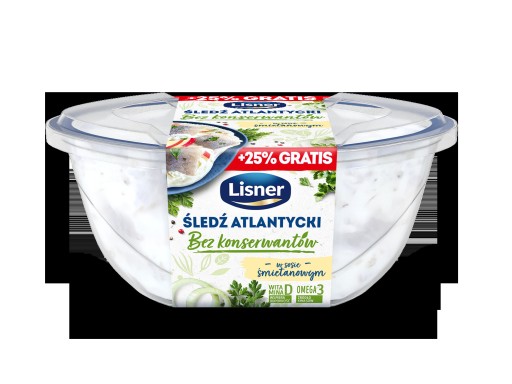 Sleď atlantický bez konzervantov v smotanovej omáčke Lisner 280g+70g grati