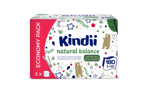 Vlhčené obrúsky Kindii Natural Balance, (4x60 ks) 3 + 1 zdarma