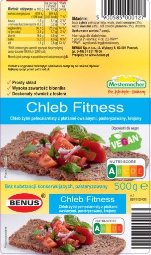 Benus Fitness ražný chlieb s ovsenými vločkami 500 g