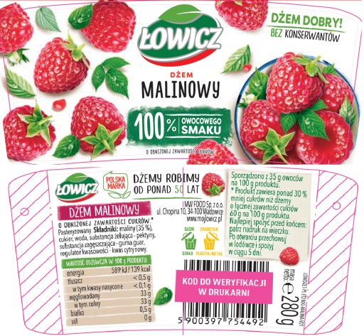 Malinový Łowicz ovocný džem bez cukru 280g