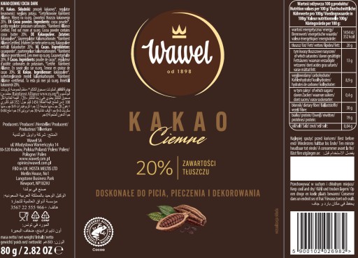 Tmavé kakao s obsahom tuku 20% 80g
