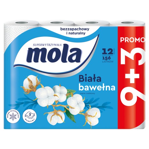 MOLA biely bavlnený toaletný papier 9+3, neparfumovaný, 12 roliek