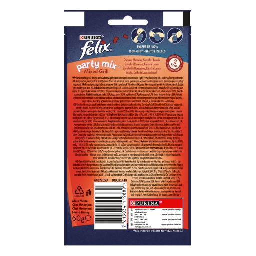FELIX CAT TREASURE 60g PARTY MIX GRIL KURACIE HOVÄDZIE MÄSO LOSOS