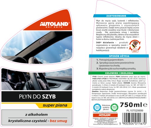 AUTOLAND TEKUTÉ ČISTIACE PROSTRIEDKY NA ČISTENIE SKIEL, ZRKADLÍ, OKIEN 750ML BEZ STRAG