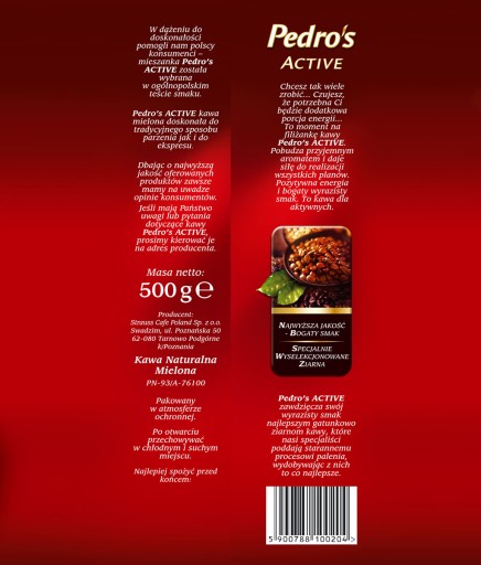 Pedros ACTIVE Pražená mletá káva 500g