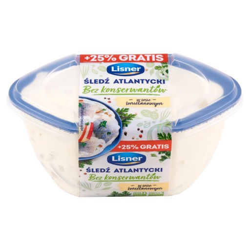 Sleď atlantický bez konzervantov v smotanovej omáčke Lisner 280g+70g grati