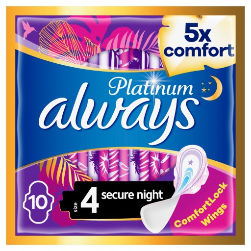 Always Platinum Secure Night (veľkosť 4) Hygienické vložky s krídelkami, 10 kusov