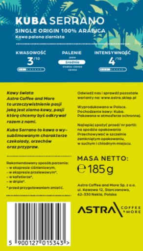 Zrnková káva Astra Kuba Serrano 185g