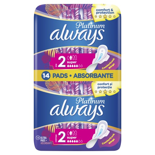 Always Platinum Super (veľkosť 2) Hygienické vložky s krídelkami, 14 kusov