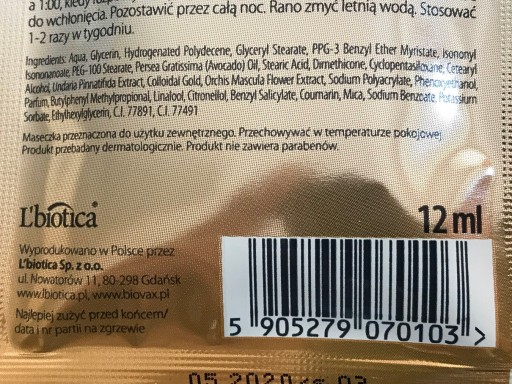 L`BIOTICA Dermomask Night Active Repair pleťová maska Golden Threads - 1