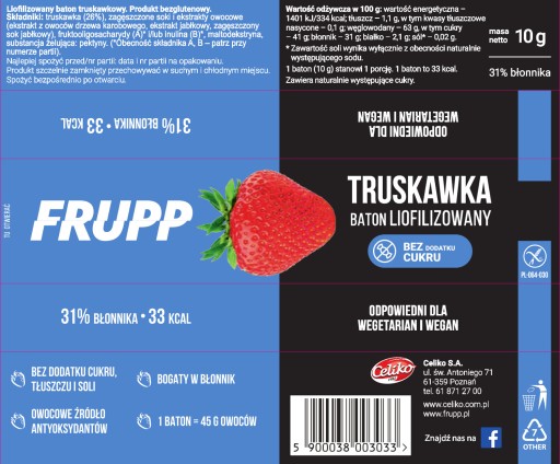 Bezlepková Frupp tyčinka s jahodovou príchuťou, jahoda 10g Celiko