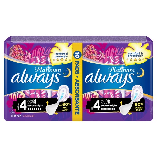 Always Platinum Secure Night (veľkosť 4) Hygienické vložky s krídelkami, 10 kusov