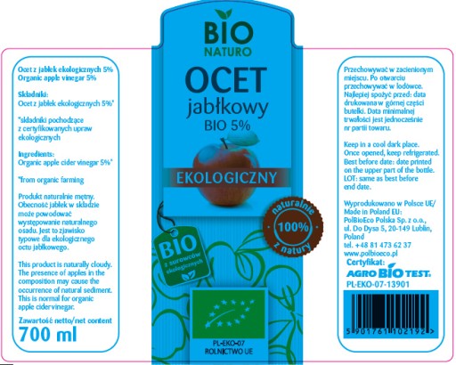 Bio jablčný ocot 5% BIO Bio Naturo 700 ml