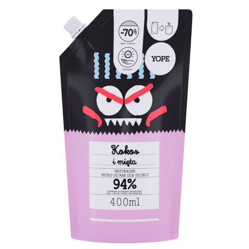YOPE Prírodné mydlo na ruky pre deti Kokos a mäta náhradná náplň 400 ml