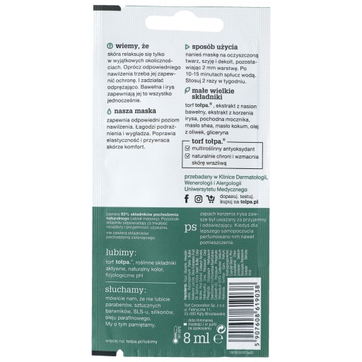 TOŁPA GREEN Hydratačná upokojujúca maska, bavlna a kosatec, Vegan 8 ml