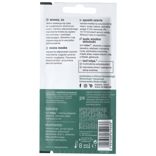 TOŁPA GREEN Hydratačná upokojujúca maska, bavlna a kosatec, Vegan 8 ml