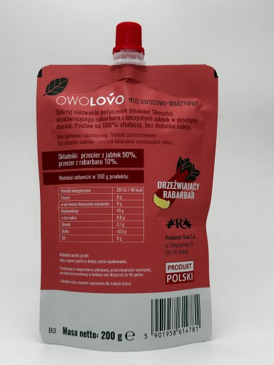 OWOLOVO RHUBARBAR jablkovo-rebarborová ovocná pena BEZ CUKRU 200g
