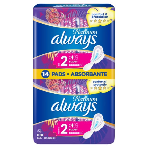 Always Platinum Super (veľkosť 2) Hygienické vložky s krídelkami, 14 kusov