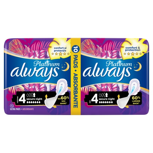 Always Platinum Secure Night (veľkosť 4) Hygienické vložky s krídelkami, 10 kusov