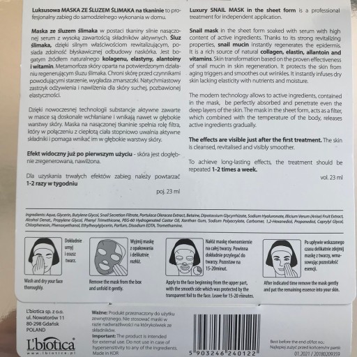 L'Biotica látková maska so slimačím slizom 23ml