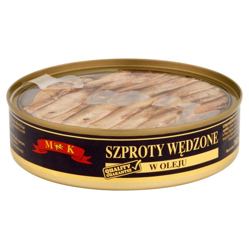 Šproty údené v oleji. Rybí výrobok zn MK 0,16 kg Priehľadné veko