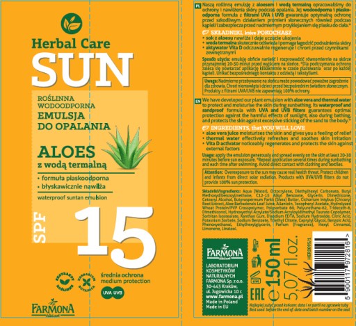Farmona Herbal Care Sunscreen emulzia vodeodolná SPF15 Aloe s vodou