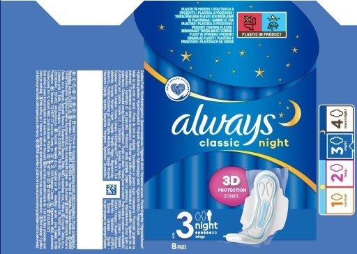 Hygienické vložky Always Classic Night s krídelkami, 8 ks.