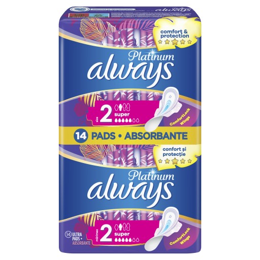 Always Platinum Super (veľkosť 2) Hygienické vložky s krídelkami, 14 kusov