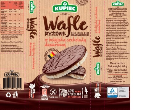 Kupiec Ryžové oblátky s belgickou tmavou čokoládou 60g