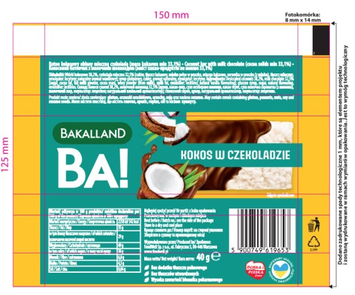 BAKALLAND BA! Kokosová tyčinka v čokoláde 40 g