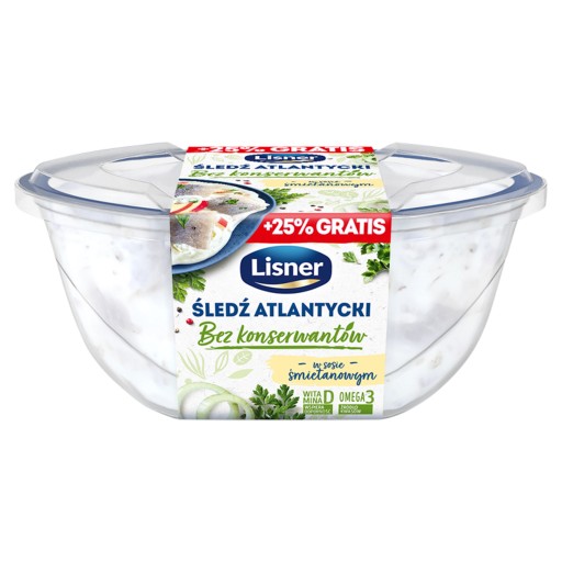 Sleď atlantický bez konzervantov v smotanovej omáčke Lisner 280g+70g grati