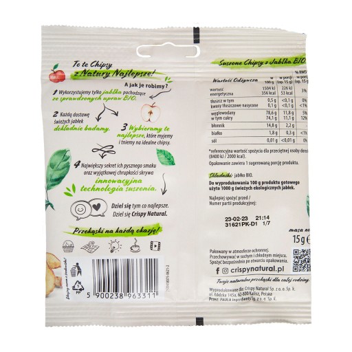 Chrumkavé prírodné bio sušené jablko 15g