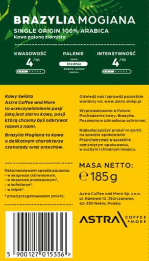 Arabica Astra AST.BRA.MOG.185G.ZIA zrnková káva 193 g
