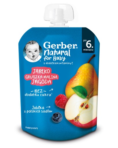 Gerber Mousse Dezert Jablko Hruška Malina Čučoriedka po 6 mesiacoch 80 g